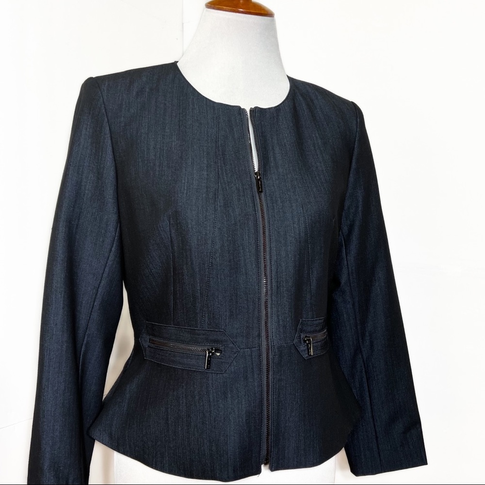 SOLD-Calvin Klein Peplum Zippered Indigo Blue Denim Long Sleeve Blazer Jacket - Picture 2 of 7